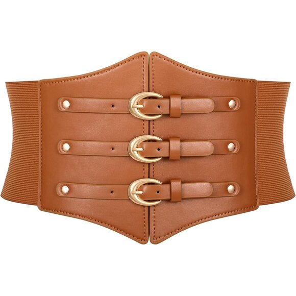 Women Corset Wide Stretch Waspie Elastic Waist Belt with Brown Buckle Gold - Picture 1 of 6